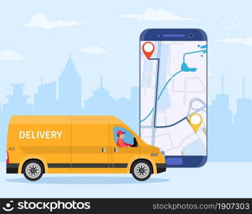 Online delivery service concept, online order tracking, delivery home and office. truck van courier. Online pizza order. goods shipping, food online ordering. Vector illustration in flat style. Online delivery service concept,