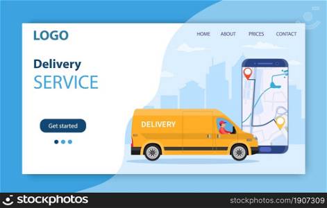 Online delivery service concept, online order tracking, delivery home and office. truck van courier. Online pizza order. Landing page concept. Vector illustration in flat style. Online delivery service concept,