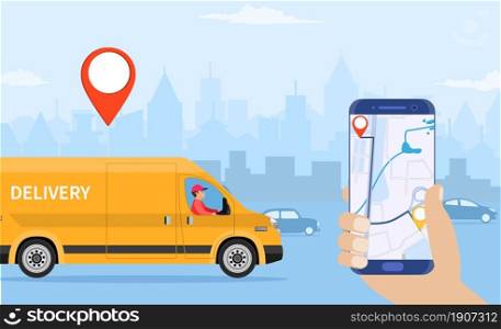 Online delivery service concept, online order tracking, delivery home and office. truck van courier. Online pizza order. goods shipping, food online ordering. Vector illustration in flat style. Online delivery service concept,