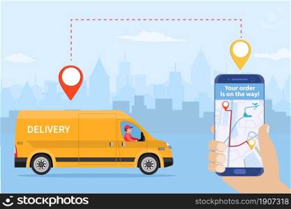 Online delivery service concept, online order tracking, delivery home and office. truck van courier. Online pizza order. goods shipping, food online ordering. Vector illustration in flat style. Online delivery service concept,