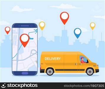 Online delivery service concept, online order tracking, delivery home and office. truck vancourier. Online pizza order. goods shipping, food online ordering. Vector illustration in flat style. Online delivery service concept,