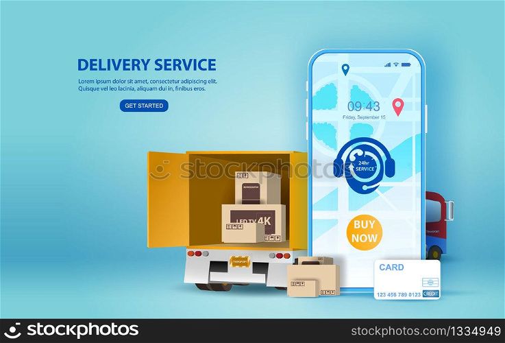 Online delivery service concept, online order tracking,Smartphone Delivery home and office.City logistics and Warehouse on mobile.Location app mobile phone with yellow delivery truck, map on screen