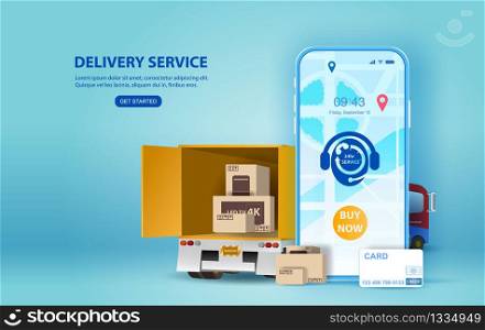 Online delivery service concept, online order tracking,Smartphone Delivery home and office.City logistics and Warehouse on mobile.Location app mobile phone with yellow delivery truck, map on screen