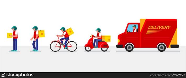 Online delivery service concept, Warehouse, truck, scooter bicycle and walk