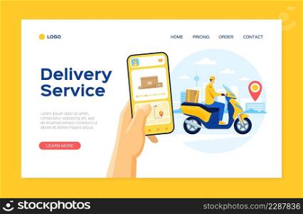 Online delivery service landing page template, courier on scooter. Food order tracking app, delivery men with package vector website concept. Illustration of delivery application for shipping. Online delivery service landing page template, courier on scooter. Food order tracking app, delivery men with package vector website concept