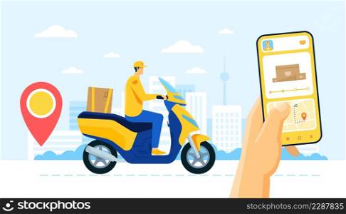 Online delivery service, tracking order app, courier delivering package. Delivery man riding scooter, food ordering services vector concept. Shipping order delivery service illustration. Online delivery service, tracking order app, courier delivering package. Delivery man riding scooter, food ordering services vector concept