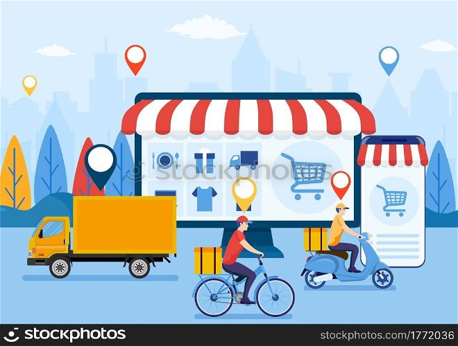 Online delivery service UI. Internet shipping concept. Transportation and logistic digital shopping ad banner. Vector illustration in flat style. Online delivery service UI
