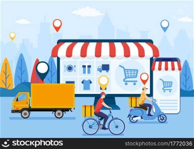 Online delivery service UI. Internet shipping concept. Transportation and logistic digital shopping ad banner. Vector illustration in flat style. Online delivery service UI