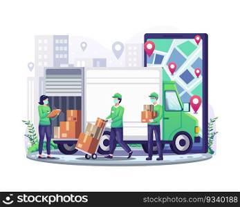 Online delivery service with courier wearing mask and giant smartphone and truck delivery van flat vector illustration
