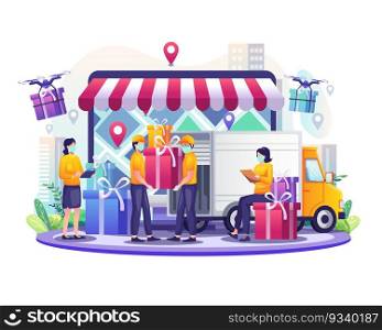 Online delivery service with courier wearing mask and truck delivery van and drone flat vector illustration
