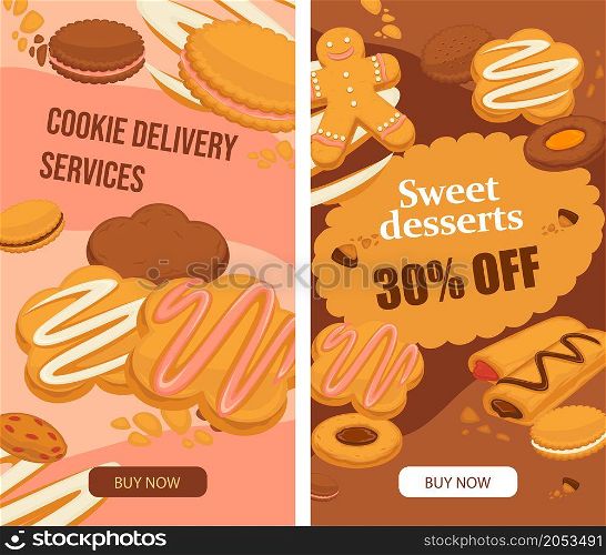Online delivery services for sweets and desserts with 30 percent off price. Products with lower cost and cheap price. Promotional banner or poster with discounts and sales. Vector in flat style. Sweet desserts, online delivery services for food