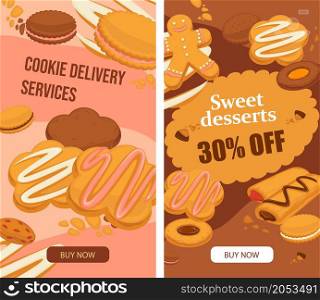 Online delivery services for sweets and desserts with 30 percent off price. Products with lower cost and cheap price. Promotional banner or poster with discounts and sales. Vector in flat style. Sweet desserts, online delivery services for food