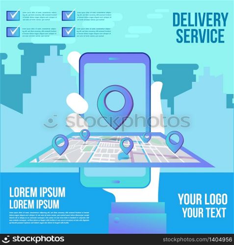 Online delivery shopping on mobile flat design with concept truck and robot service. This design can be used for websites, landing pages.Internet shipping web banner with modern city.