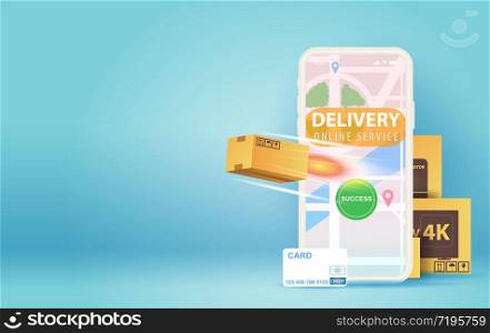 Online delivery smartphone concept idea.Fast respond delivery package shipping on mobile.Online order tracking with world map location.Logistic delivery service.parcel route on the screen Vector.