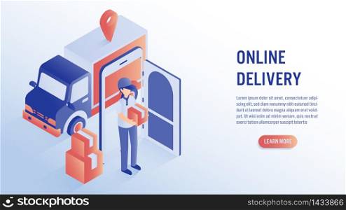 Online delivery with mobile concept. Fast respond delivery package shipping on mobile. Online order tracking with map. Vector isometric illustration.