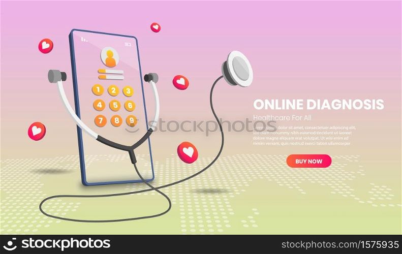 Online diagnosis concept for infographics, hero images, web banner, landing page.3d Perspective vector illustration isolated on gradient background.