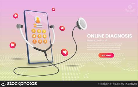 Online diagnosis concept for infographics, hero images, web banner, landing page.3d Perspective vector illustration isolated on gradient background.