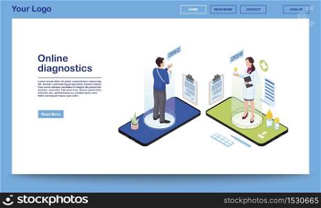 Online diagnostics service isometric website template. Traumatologist prescribing medication, painkillers for patient with broken arm. 3d doctor, client holograms on smartphone screen. Ehealth system