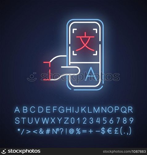 Online dictionary application neon light icon. Instant machine translation. Translation services. Smartphone translator app. E-learning. Glowing alphabet, numbers. Vector isolated illustration