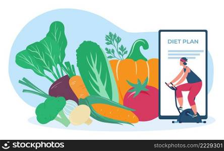 Online diet plan. Female character exercising on bicycle. Overweight woman eating healthy food, fresh vegetables. Monitoring healthcare with mobile phone application vector illustration. Online diet plan. Female character exercising on bicycle. Overweight woman eating healthy food, fresh vegetables