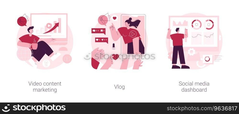 Online digital campaign abstract concept vector illustration set. Video content marketing, vlog popularity and monetization, social media dashboard, target audience, viral content abstract metaphor.. Online digital campaign abstract concept vector illustrations.