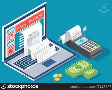Online digital invoice laptop or mobile smartphone with bills credit card money coins flat illustration. Concept of electronic bill and online bank, laptop with check tape, payments electronic online. Online digital invoice laptop mobile smartphone with bills credit card money coins flat illustration