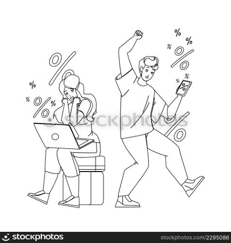 Online Discount Offer In Internet Store Black Line Pencil Drawing Vector. Happy Man And Woman Customers Celebrating Seasonal Online Discount. Characters Purchasing On Mobile Phone Or Laptop. Online Discount Offer In Internet Store Vector