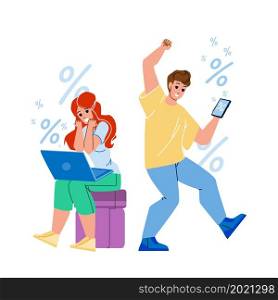 Online Discount Offer In Internet Store Vector. Happy Man And Woman Customers Celebrating Seasonal Online Discount. Characters Purchasing On Mobile Phone Or Laptop Flat Cartoon Illustration. Online Discount Offer In Internet Store Vector