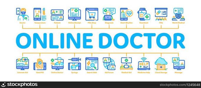 Online Doctor Advice Minimal Infographic Web Banner Vector. Internet Doctor Consultation, Healthy Help Web Site, World Medicine, Hand Hold Pills Illustrations. Online Doctor Minimal Infographic Banner Vector