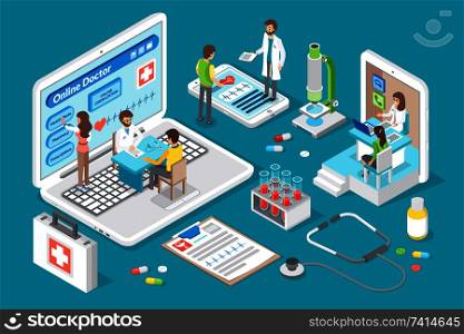 Online doctor and consultations with medical workers. Screens and medicaments, pills and capsules. Nurses taking to patients giving analysis vector. Online Doctor and Consultation Vector Illustration