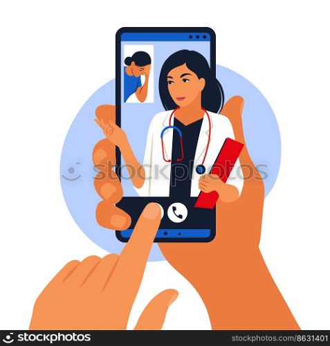 Online doctor and medical consultation concept. Female doctor helps a patient on a mobile phone. Mobile application. Vector illustration. Flat.
