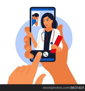 Online doctor and medical consultation concept. Female doctor helps a patient on a mobile phone. Mobile application. Vector illustration. Flat.