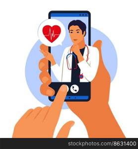 Online doctor and medical consultation concept. Man doctor helps a patient on a mobile phone. Mobile application. Vector illustration. Flat.