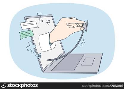 Online doctor and telemedicine concept. Hand of virtual doctor with stethoscope testing from laptop screen during online visit with patient vector illustration . Online doctor and telemedicine concept.