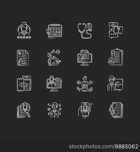 Online doctor app chalk white icons set on black background. Video, phone and live chat. Consultation, prescription, follow-up care. Telemedicine services. Isolated vector chalkboard illustrations. Online doctor app chalk white icons set on black background