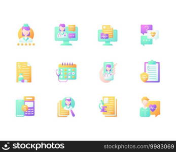 Online doctor app vector flat color icon set. Video, phone chat. Consultation, prescription. Telemedicine services. Cartoon style clip art for mobile app pack. Isolated RGB illustration bundle. Online doctor app vector flat color icon set