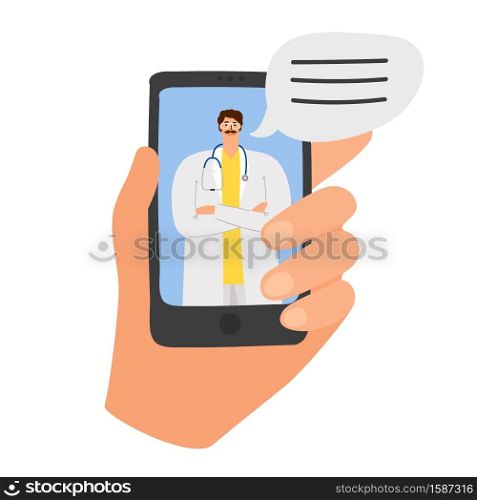 Online doctor app. Vector hand holding phone with mobile medical application. Online doctor app