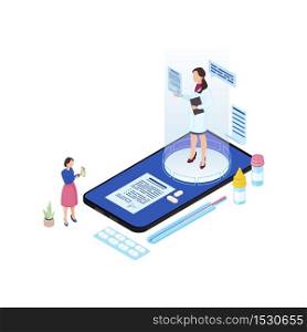 Online doctor appointment isometric illustration. Cartoon medical worker hologram prescribing pills, medication for patient isolated characters. Ill client informing remote doctor about symptoms