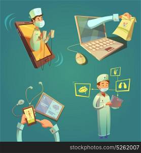 Online Doctor Cartoon Set. Online doctor cartoon set with laptop and mobile phone isolated vector illustration