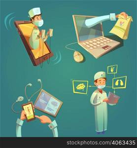 Online doctor cartoon set with laptop and mobile phone isolated vector illustration. Online Doctor Cartoon Set