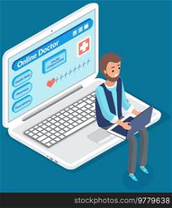 Online doctor. Consultation with doctor using remote communication concept medical application on computer. Man app developer works with medical software. Laptop with app for online conversation. Consultation with doctor using remote communication concept medical application on computer