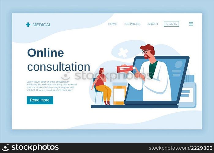 Online doctor consultation. Woman complaining on pain in shoulder. Therapist prescribing treatment from laptop screen. Virtual healthcare, video call with patient vector landing page. Online doctor consultation. Woman complaining on pain in shoulder. Therapist prescribing treatment from laptop