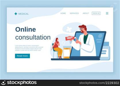 Online doctor consultation. Woman complaining on pain in shoulder. Therapist prescribing treatment from laptop screen. Virtual healthcare, video call with patient vector landing page. Online doctor consultation. Woman complaining on pain in shoulder. Therapist prescribing treatment from laptop