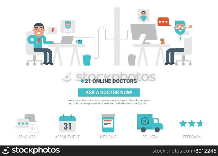 Online doctor flat design for landing page website or magazine illustration print