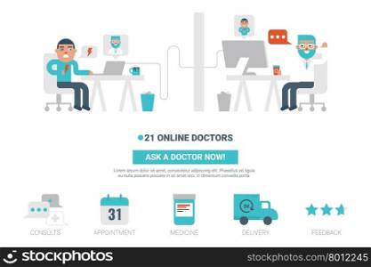 Online doctor flat design for landing page website or magazine illustration print