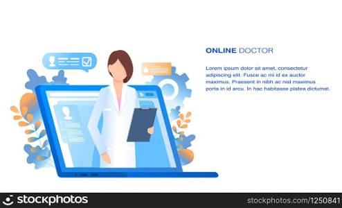 Online Doctor Medical Consultation and Support. Internet Computer Pharmacy Health Service. Woman with Tablet in Hand Appear from Laptop. Hospital Consult. Flat Cartoon Vector Illustration. Online Doctor Medical Consultation and Support