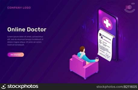 Online doctor, medicine isometric concept vector illustration. Distance telemedicine app for mobile phones. Smartphone screen with paper recipe and Illness patient sitting in home chair, purple banner. Online medicine isometric concept, telemedicine