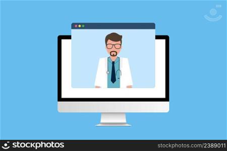 Online doctor on computer screen during telemedicine visit. Vector illustration. Online doctor on computer screen during telemedicine visit