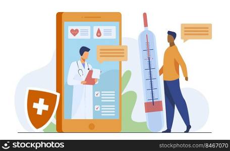 Online doctor support via smartphone vector illustration. Mobile medicine assistance chat with physician or nurse. Medical treatment, healthcare, and pharmaceutics concept for website design