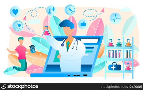 Online Doctor. Telemedicine and Online Laboratory. Medical Consultation by Internet with Doctor. Medicine and Healthcare Concept. Medical Online Service. Health Care. Vector Illustration.. Online Doctor. Telemedicine, Laboratory. Vector.